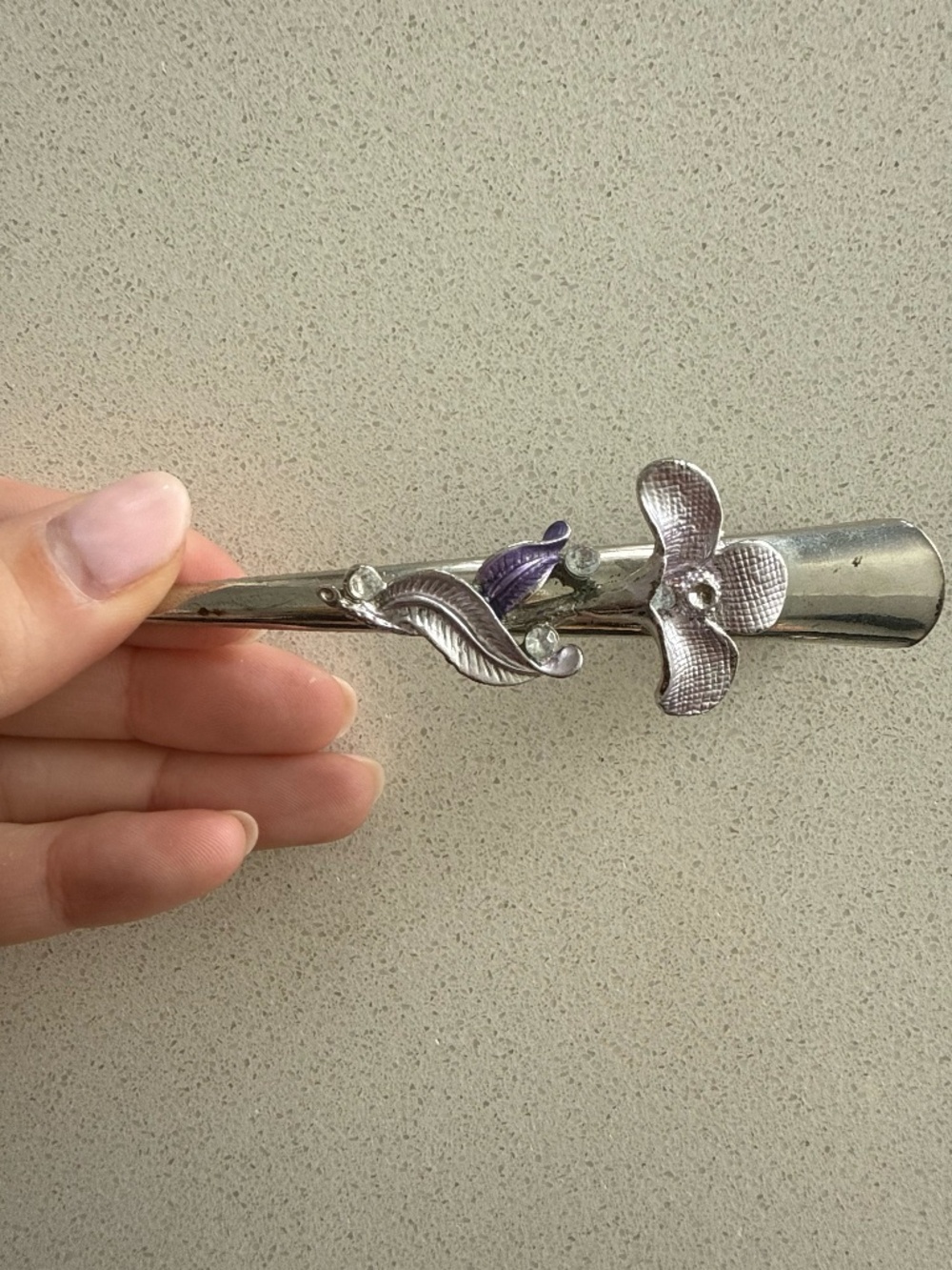 Silver Tone Floral French Barrette Hair Clip | Rhinestone Flower Hair Accessory